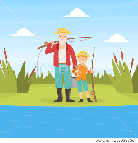 Grandfather and Grandson Going Fishing, Grandparent and Grandchild Having Good Time Together at Sunny Summer Day Cartoon Vector Illustration Grandfather and Grandson Going Fishing, Grandparent and Grandchild Having Good Time Together at Sunny Summer Day Cartoon Vector Illustration 113038356