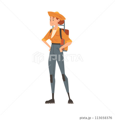 Girl Forest Ranger Standing with Backpack, National Park Service Employee Character in Uniform and Hat Standing with Hands on her Waist Cartoon Style Vector Illustration Girl Forest Ranger Standing with Backpack, National Park Service Employee Character in Uniform and Hat Standing with Hands on her Waist Cartoon Style Vector Illustration 113038376