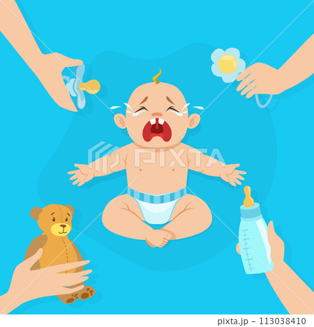 Crying Baby Banner with Place for Text, Cute Little Baby in Diaper Feeling Discomfort Vector Illustration 113038410