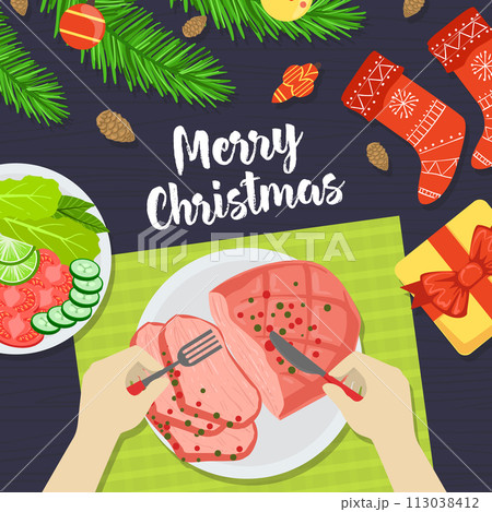 Merry Christmas Banner, Person Eating Festive Dinner with Fork and Knife View from Above Flat Vector Illustration 113038412