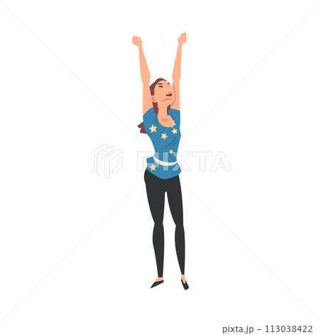 Young Cheerful Woman Singing Along and Dancing at Concert Vector Illustration Young Cheerful Woman Singing Along and Dancing at Concert Vector Illustration 113038422