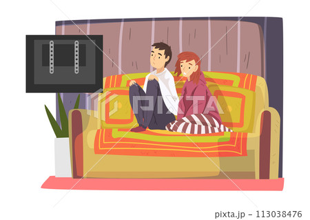 Bored Couple Sitting on Cozy Couch Watching TV, Cute Male and Female Characters Spending Time Together, Staying at Home Vector Illustration Bored Couple Sitting on Cozy Couch Watching TV, Cute Male and Female Characters Spending Time Together, Staying at Home Vector Illustration 113038476