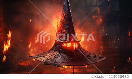 Portrait of a wizard in a hat with a beard in the smoke , Generate AI 113038480