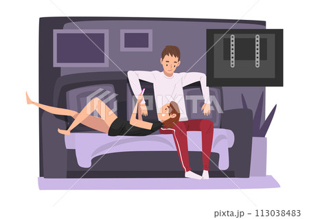 Couple Sitting on Cozy Couch and Watching TV, Young Man and Woman Spending Time Together at Home, Girl Using Smartphone Vector Illustration 113038483