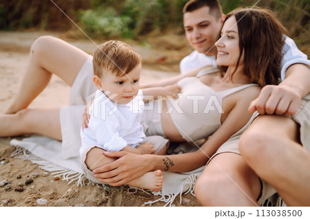 Cheerful young family with little baby boy spending time together on the beach. 113038500