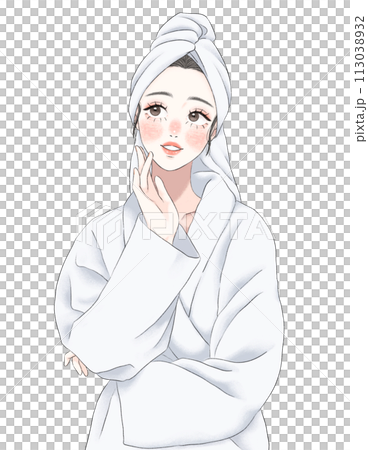 一個穿著浴袍的女人斜向上看 一個穿著浴袍的女人斜向上看 113038932