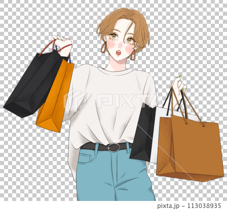 A woman looking diagonally upwards while holding shopping clothes 113038935