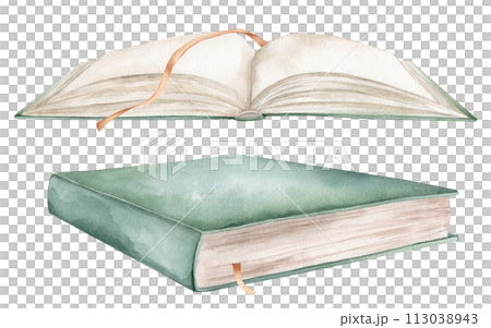 Set of books watercolor illustration isolated on white background. Open books green colors with bookmarks. Vintage old textbooks watercolor hand drawn. 113038943