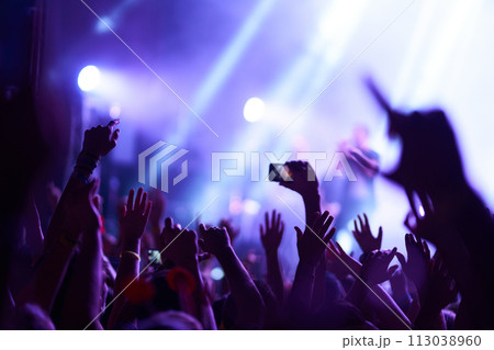 Hand with a phone records live music festival. People taking photographs with smart phone during concert. 113038960