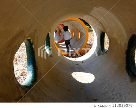 公園の遊具を走り抜ける男の子 公園の遊具を走り抜ける男の子 113039079