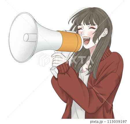 笑顔で拡声器を持つジャージの女性 113039197