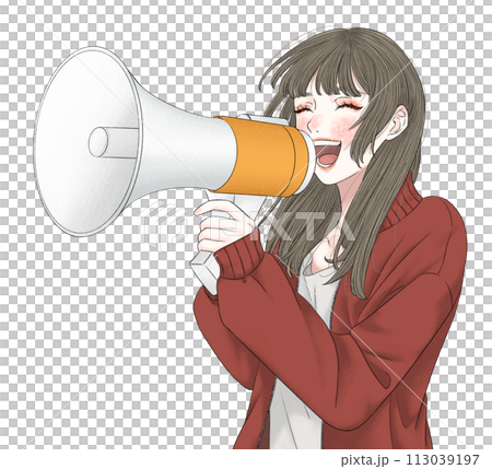 笑顔で拡声器を持つジャージの女性 113039197