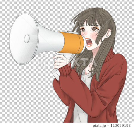 泣きながら拡声器で叫ぶ女性 113039198