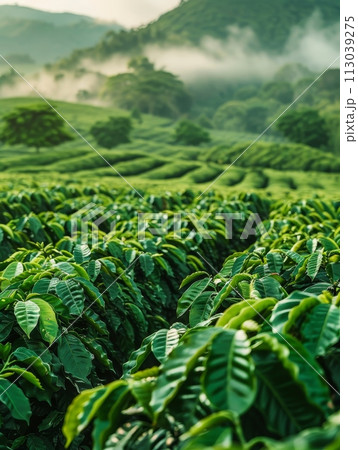 Morning mist blankets the coffee farm, highlighting lush greenery and thriving coffee plants in the fields 113039275