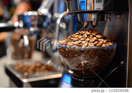 Specialty coffee brewing with barista focus, precise tools, scales, grinder, and high-quality beans displayed Specialty coffee brewing with barista focus, precise tools, scales, grinder, and high-quality beans displayed 113039286