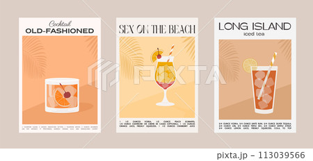 Old Fashioned, Sex on the beach and Long Island Iced Tea Cocktail. Classic alcohol beverage recipe. Modern trendy graphic print. Summer aperitif wall art. Minimalist poster with garnish drink. Vector. 113039566