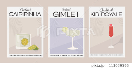 Caipirinha, Gimlet and Kir Royale Cocktail. Classic alcohol beverage recipe. Set of modern trendy graphic print in muted colors. Aperitif. Minimalist poster with garnish drink. Vector illustration. Caipirinha, Gimlet and Kir Royale Cocktail. Classic alcohol beverage recipe. Set of modern trendy graphic print in muted colors. Aperitif. Minimalist poster with garnish drink. Vector illustration. 113039596