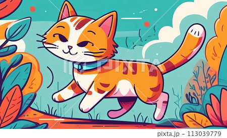 Vibrant cartoon illustration of a cheerful cat walking with a backdrop of stylized plants 113039779