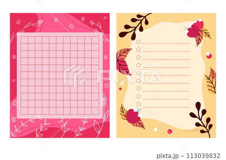 Paper notes set decorated with leaves and flowers. Templates for memo, reminder or to do list. Vector illustration Paper notes set decorated with leaves and flowers. Templates for memo, reminder or to do list. Vector illustration 113039832