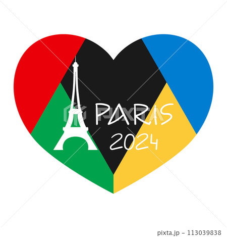 Paris 2024 Olympic sport games design. Simple template with geometric heart and Eiffel tower silhouette. Vector illustration 113039838