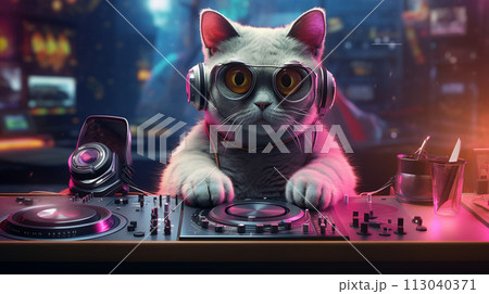Cute cat dj playing music at night club with...のイラスト素材 [113040371] - PIXTA