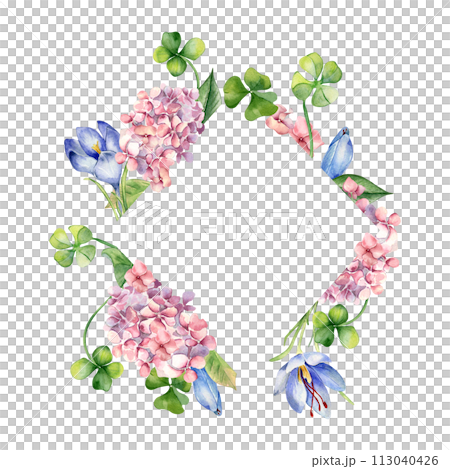 Frame with flowers and shamrock watercolor illustration isolated on white. Painted pink hydrangea flowers frame. Hand drawn Irish symbol. Design for St. Patrick day, Easter, springtime, package Frame with flowers and shamrock watercolor illustration isolated on white. Painted pink hydrangea flowers frame. Hand drawn Irish symbol. Design for St. Patrick day, Easter, springtime, package 113040426