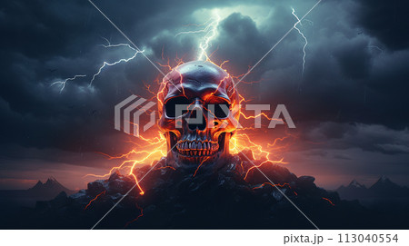 gloomy sky with lightning in the form of a skull gloomy sky with lightning in the form of a skull 113040554