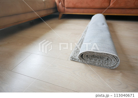 carpet texture background on wooden floor with copy space  113040671