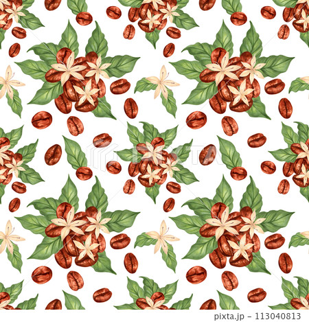 Seamless pattern of coffee beans with flowers and leaves. Illustration with watercolor and marker. Handcrafted aroma of Robusta and Arabica varieties. Coffee day.Sketch for fabrics, wallpaper, paper 113040813