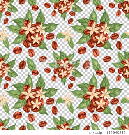 Seamless pattern of coffee beans with flowers and leaves. Illustration with watercolor and marker. Handcrafted aroma of Robusta and Arabica varieties. Coffee day.Sketch for fabrics, wallpaper, paper 113040813