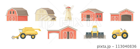 Rural Building and Transport with Tractor, Windmill and Barn Vector Set Rural Building and Transport with Tractor, Windmill and Barn Vector Set 113040836