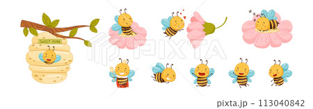 Cute Honey Bee Character with Pretty Face and Striped Body Vector Set Cute Honey Bee Character with Pretty Face and Striped Body Vector Set 113040842