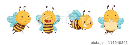Cute Honey Bee Character with Pretty Face and Striped Body Vector Set Cute Honey Bee Character with Pretty Face and Striped Body Vector Set 113040843