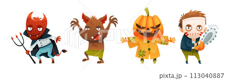 Funny Halloween Character with Devil, Werewolf, Jack Lantern and Man with Saw Vector Set 113040887