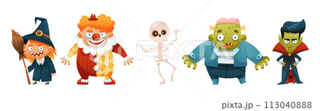 Funny Halloween Character with Witch, Clown, Skeleton and Dracula Vector Set 113040888