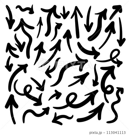Hand drawn ink arrow set marker sketch of wavy curly pointers isolated on white background Hand drawn ink arrow set marker sketch of wavy curly pointers isolated on white background 113041113