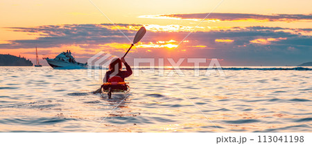 Kayaking at Colorful Sunset in Vancouver, BC, Canada 113041198