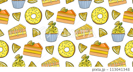 Seamless pattern with lemons desserts. 113041348