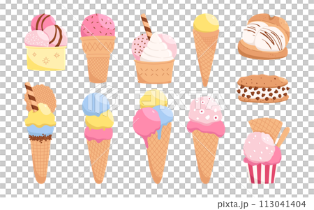Set of hand drawn different kinds of ice cream. Bright food illustrations 113041404