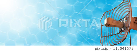 Mesh antenna for cellular telecommunications network and wireless internet against a blue sky. Receiving and digitizing multiple pieces of information at once. In the sunshine. Panoramic frame. 113041575