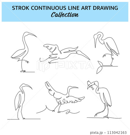 Set of stork one continuous line drawing. Cute decoration hand drawn elements. Vector illustration of minimalist style on a white background. Set of stork one continuous line drawing. Cute decoration hand drawn elements. Vector illustration of minimalist style on a white background. 113042163