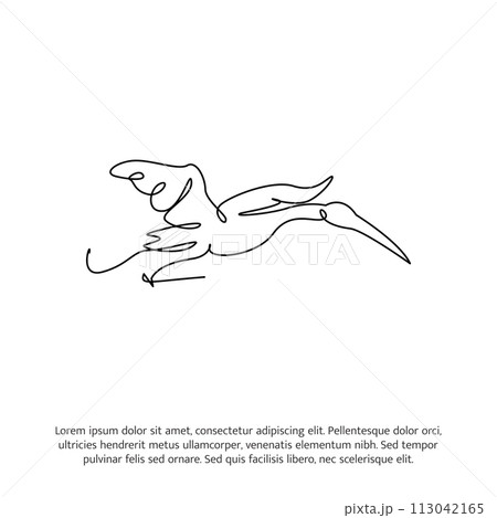 Flying stork one continuous line drawing. Cute decoration hand drawn elements. Vector illustration of minimalist style on a white background. 113042165