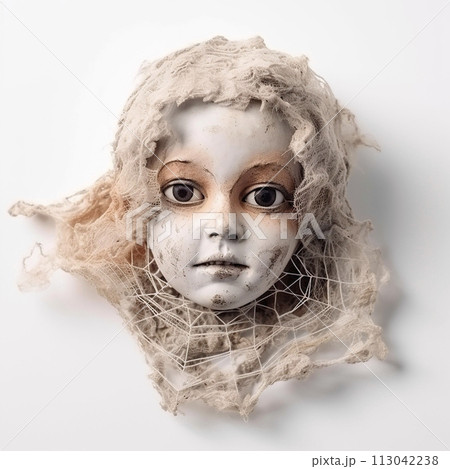 Disturbing doll with a spider web covering its head. Dolls eyes are wide open, giving it an eerie appearance. Spider web adds to unsettling atmosphere of scene. 113042238