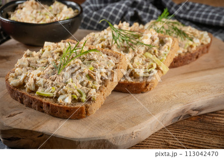 Sandwich with tuna paste and eggs. Sandwich with tuna paste and eggs. 113042470