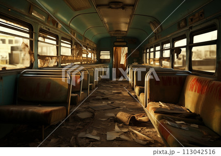 Interior of old abandoned bus 113042516