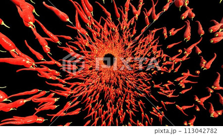 3d rendering of red hot chilli in abstract space with black background. 113042782