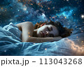 Woman Sleeping in Bed Under Starry Sky. sleep tracking, health optimization 113043268