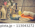 Bathroom Counter With Towels, Soap, and Bathroom Items. spring cleaning, tidying, fresh start 113043272