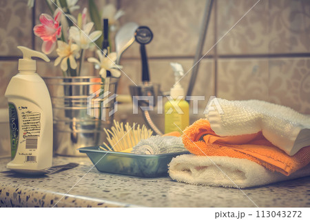 Bathroom Counter With Towels, Soap, and Bathroom Items. spring cleaning, tidying, fresh start Bathroom Counter With Towels, Soap, and Bathroom Items. spring cleaning, tidying, fresh start 113043272