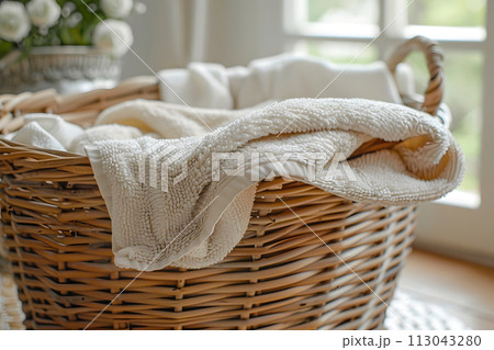 Wicker Basket With Blanket. spring cleaning, tidying, fresh start 113043280